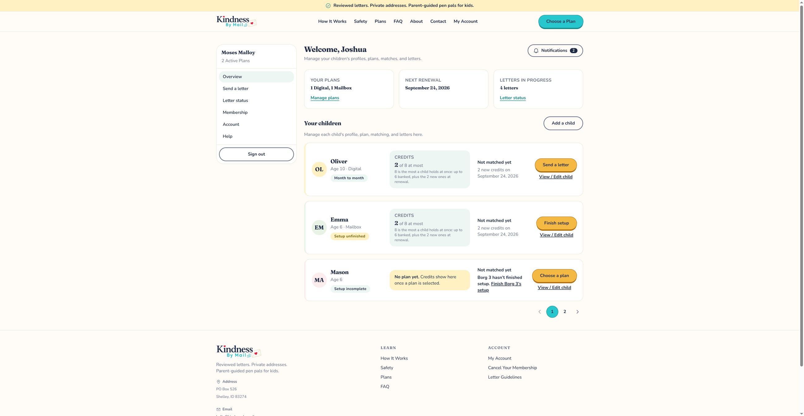 A parent’s Kindness By Mail account overview, listing their plans, letters in progress and each of their children with that child’s credits and status.